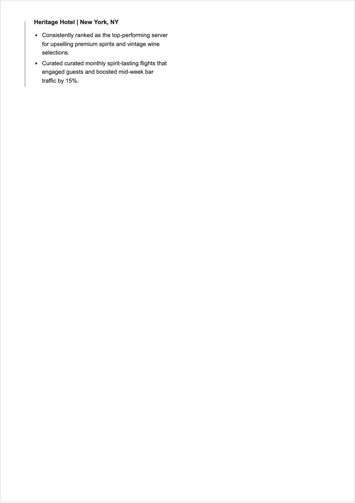 Free Senior Bartender ATS Resume Template, AI Resume Builder