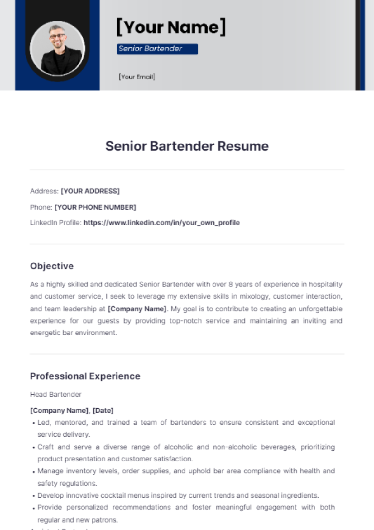 Senior Bartender Resume - Edit Online & Download