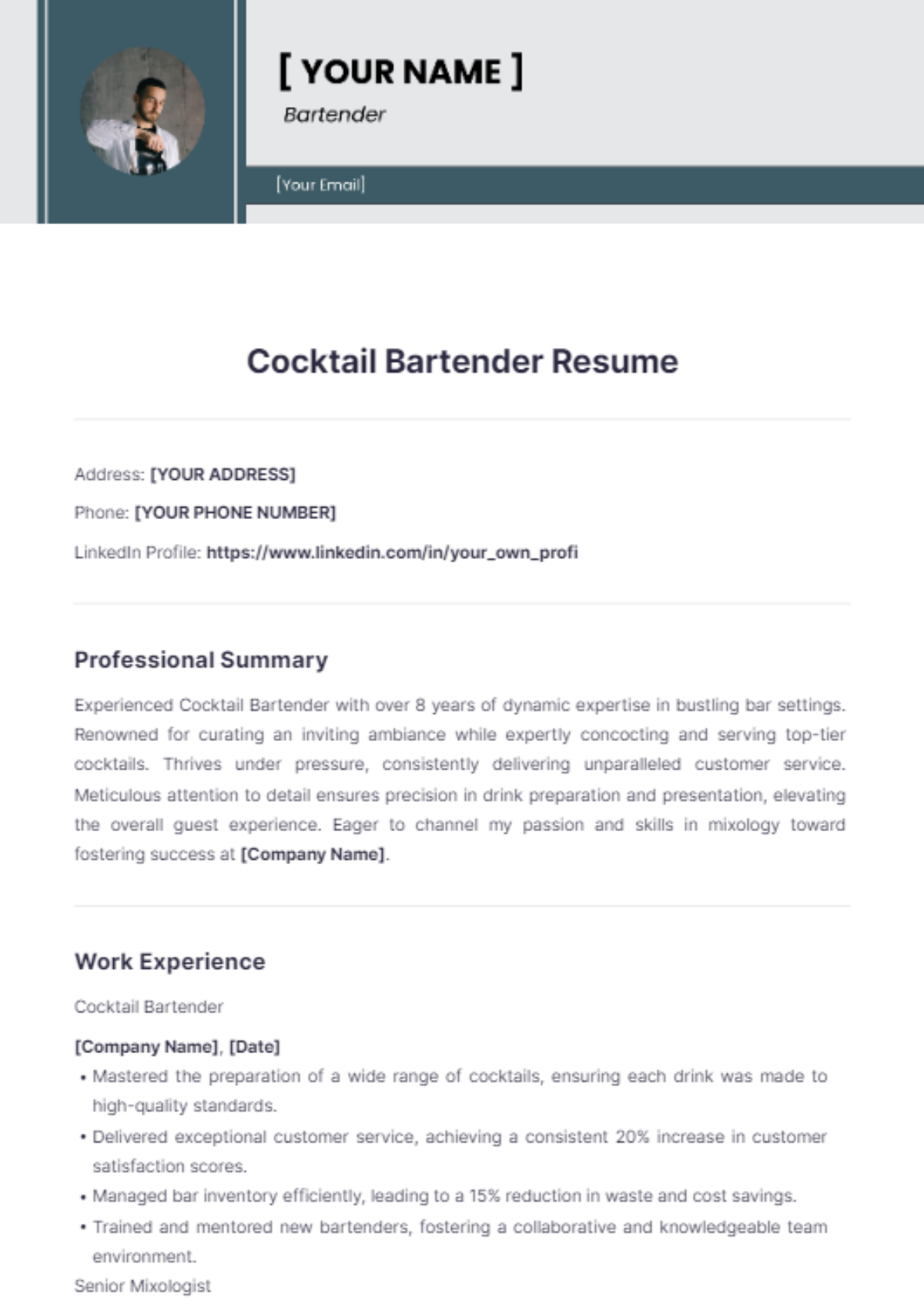 Cocktail Bartender Resume - Edit Online & Download