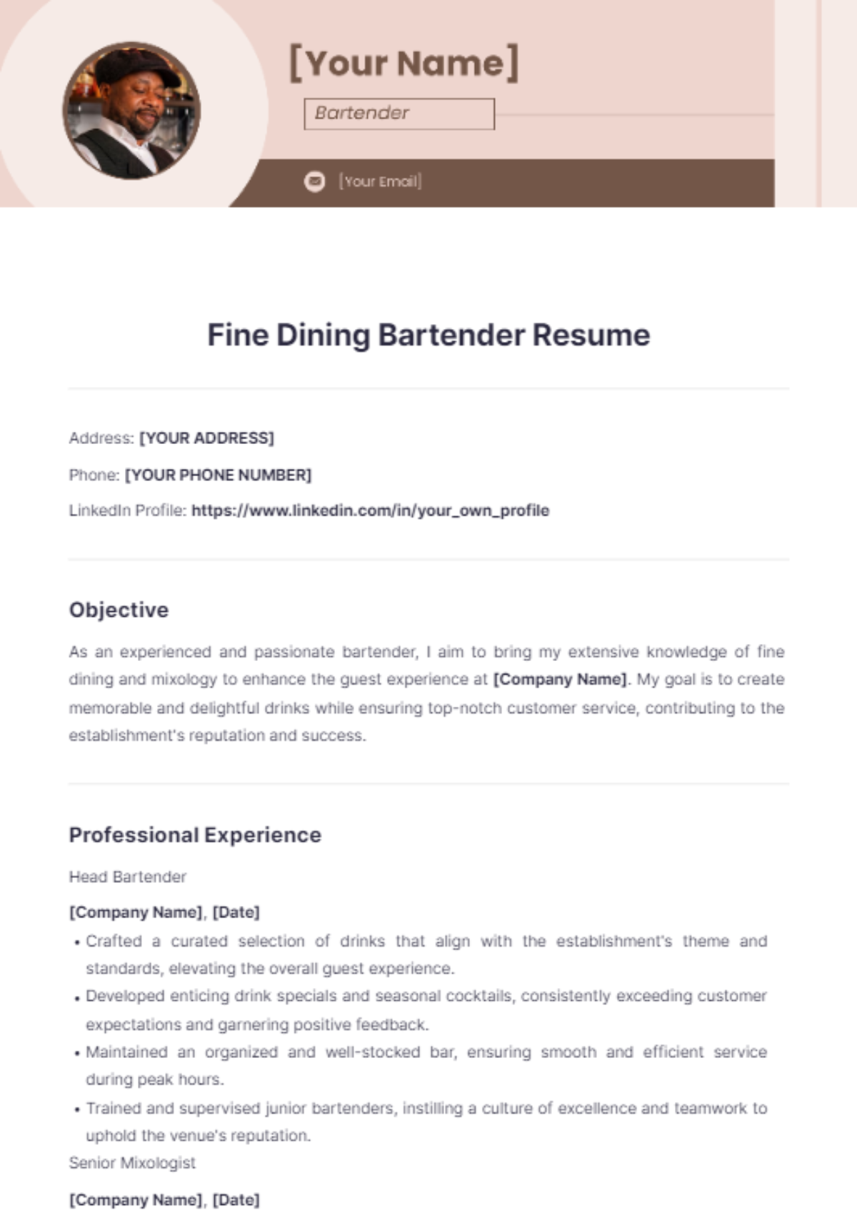 Fine Dining Bartender Resume - Edit Online & Download