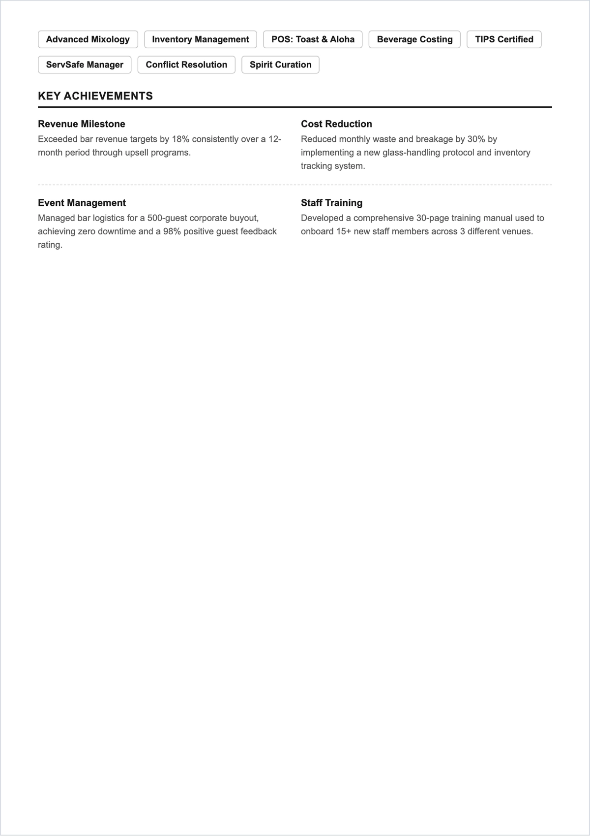 Free Full-time Bartender ATS Resume Template, AI Resume Builder