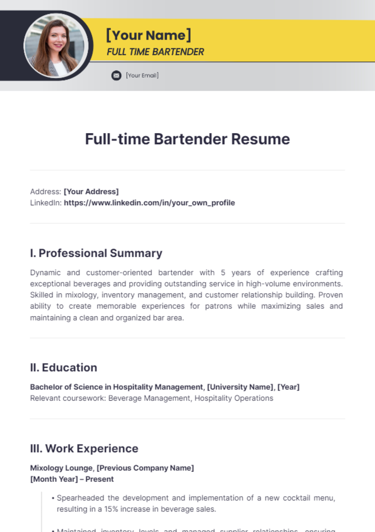 Full-time Bartender Resume - Edit Online & Download