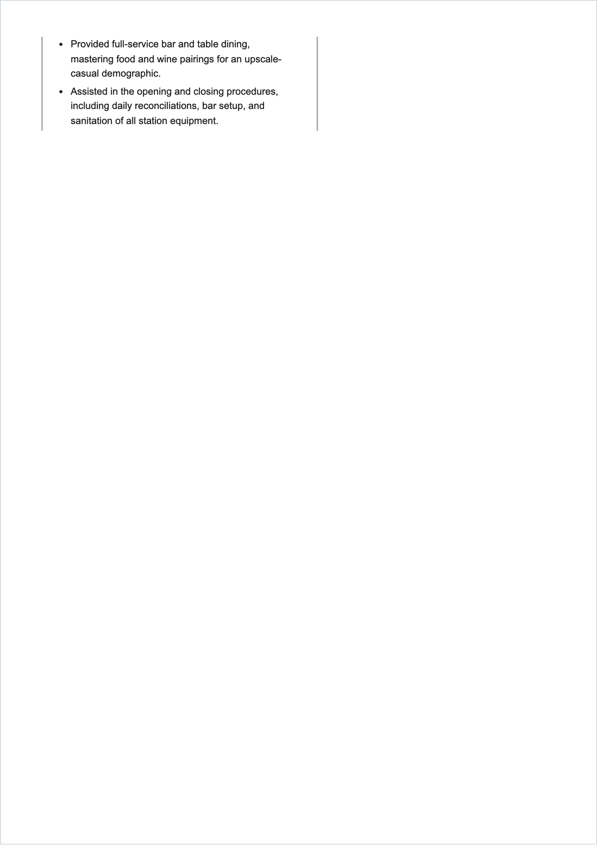 Free Part-time Bartender ATS Resume Template, AI Resume Builder
