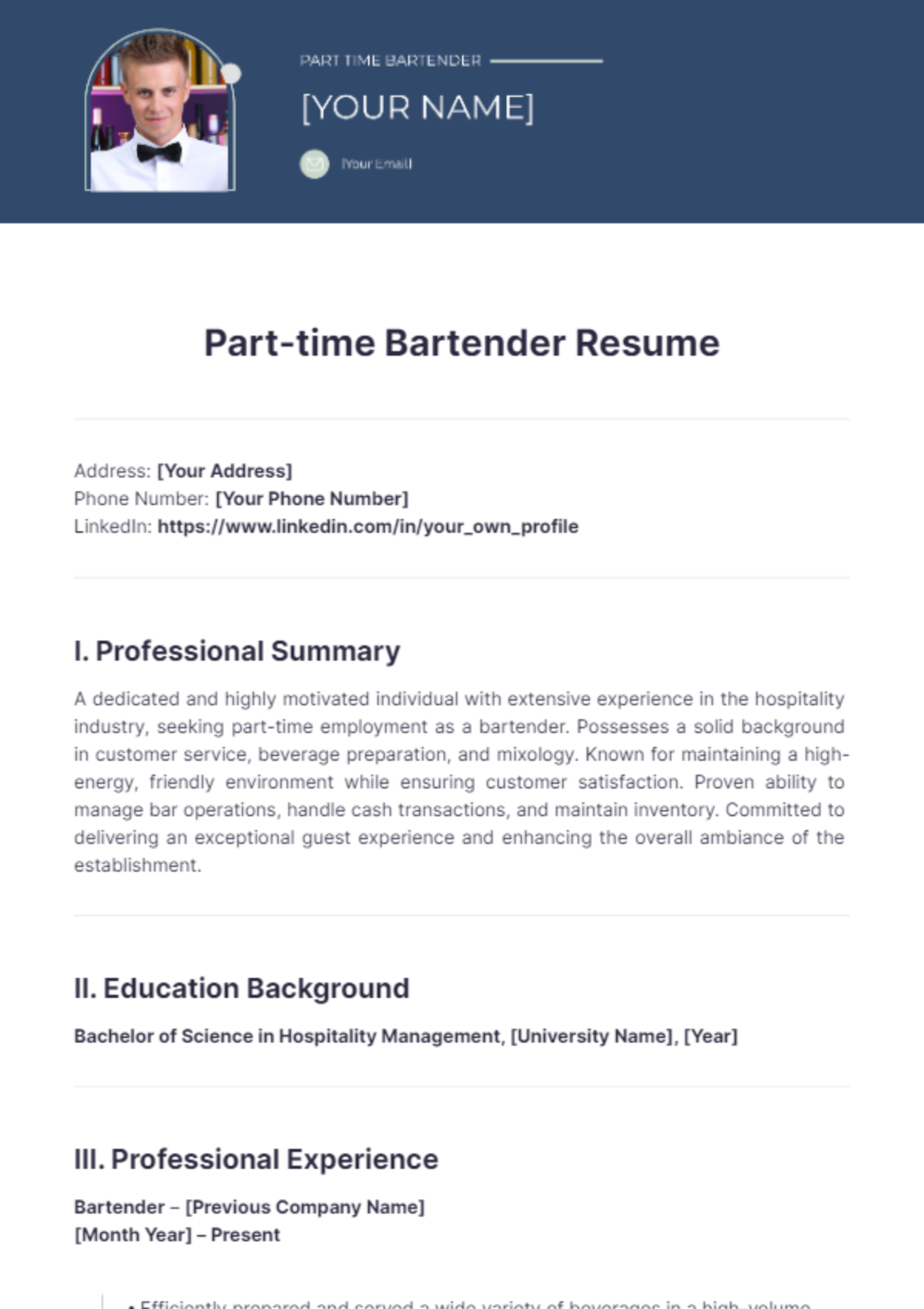 Part-time Bartender Resume - Edit Online & Download