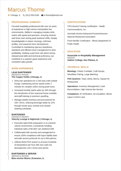 Free Part-time Bartender ATS Resume Template, AI Resume Builder