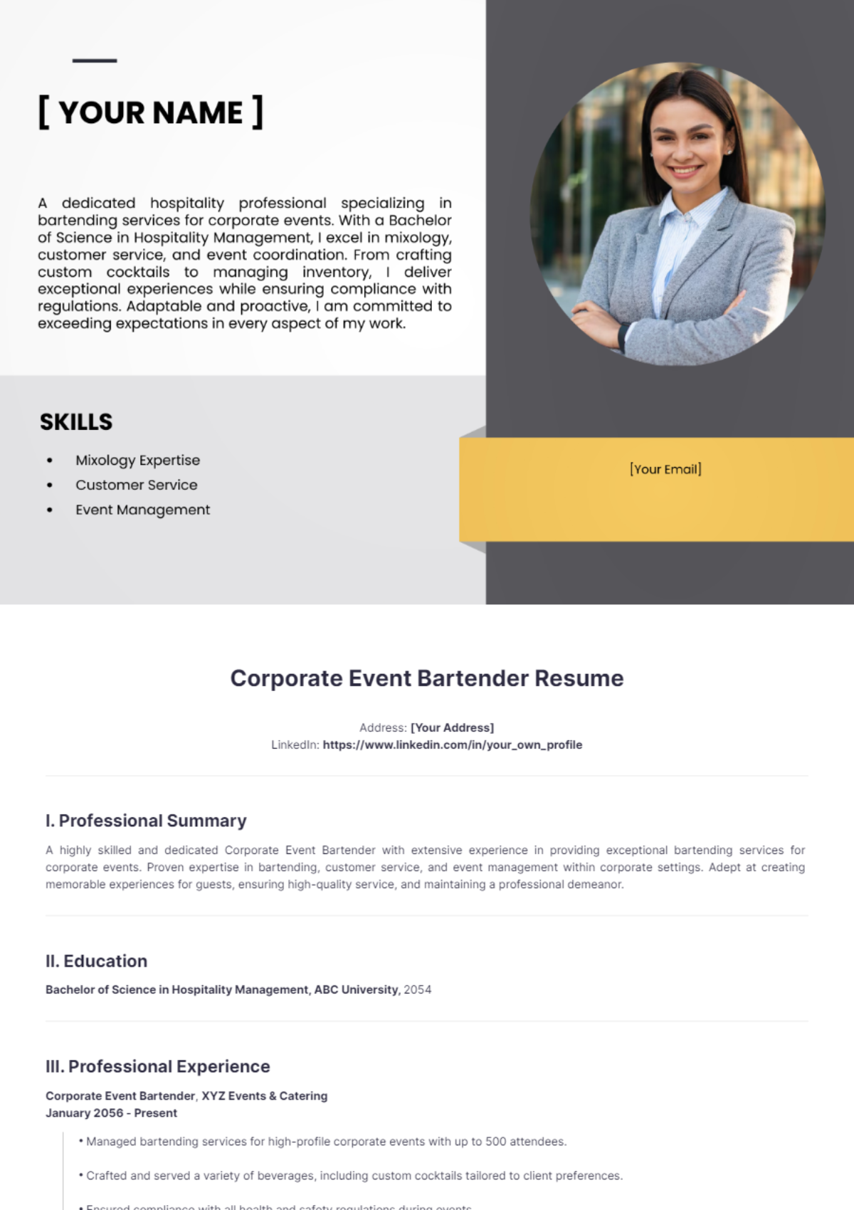 Corporate Event Bartender Resume - Edit Online & Download