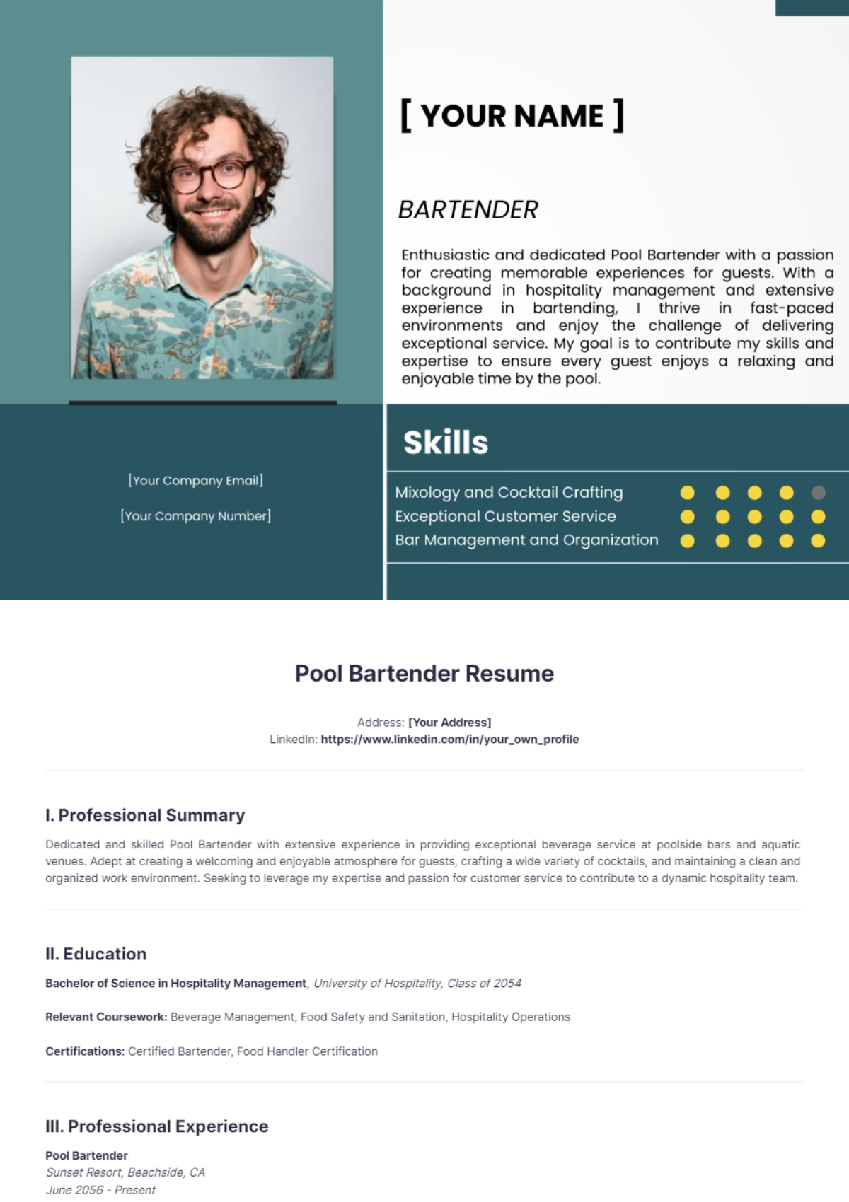 Pool Bartender Resume - Edit Online & Download Example | Template.net