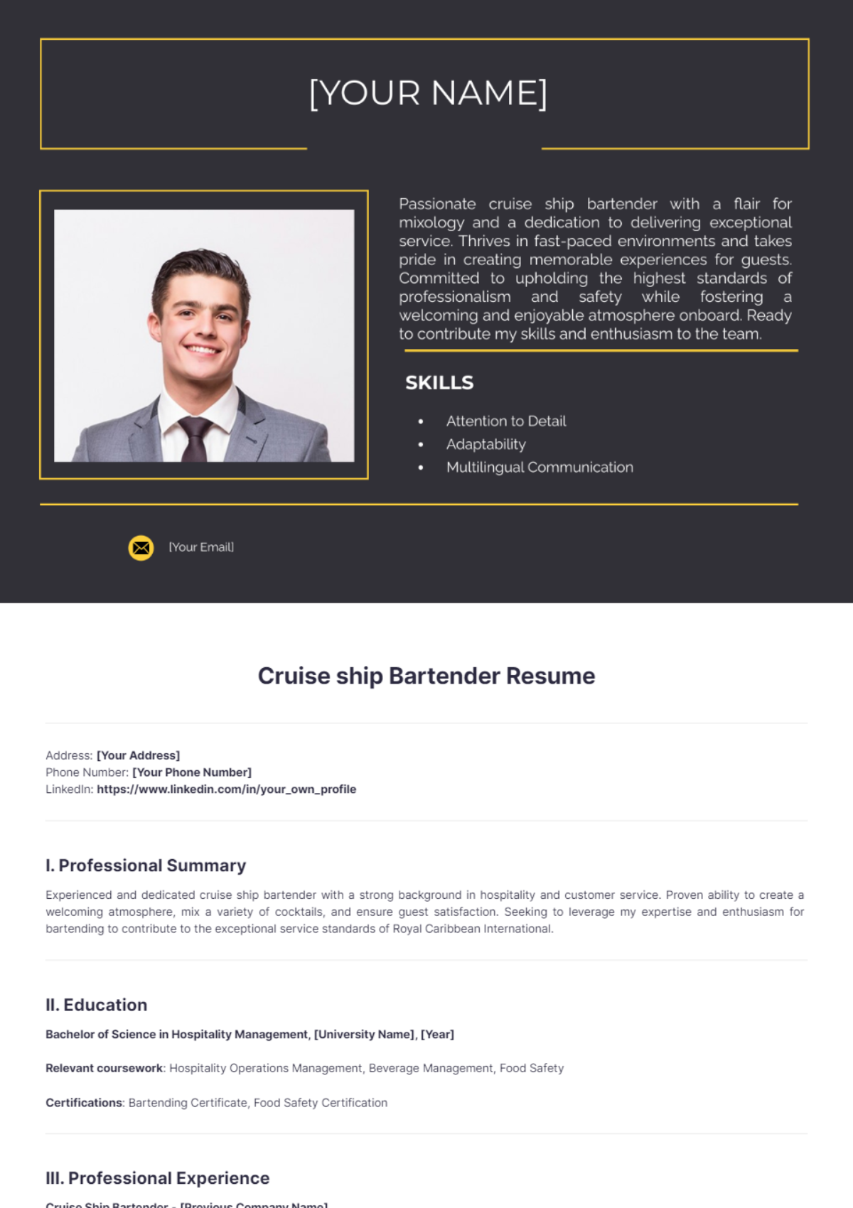 Cruise Ship Bartender Resume - Edit Online & Download