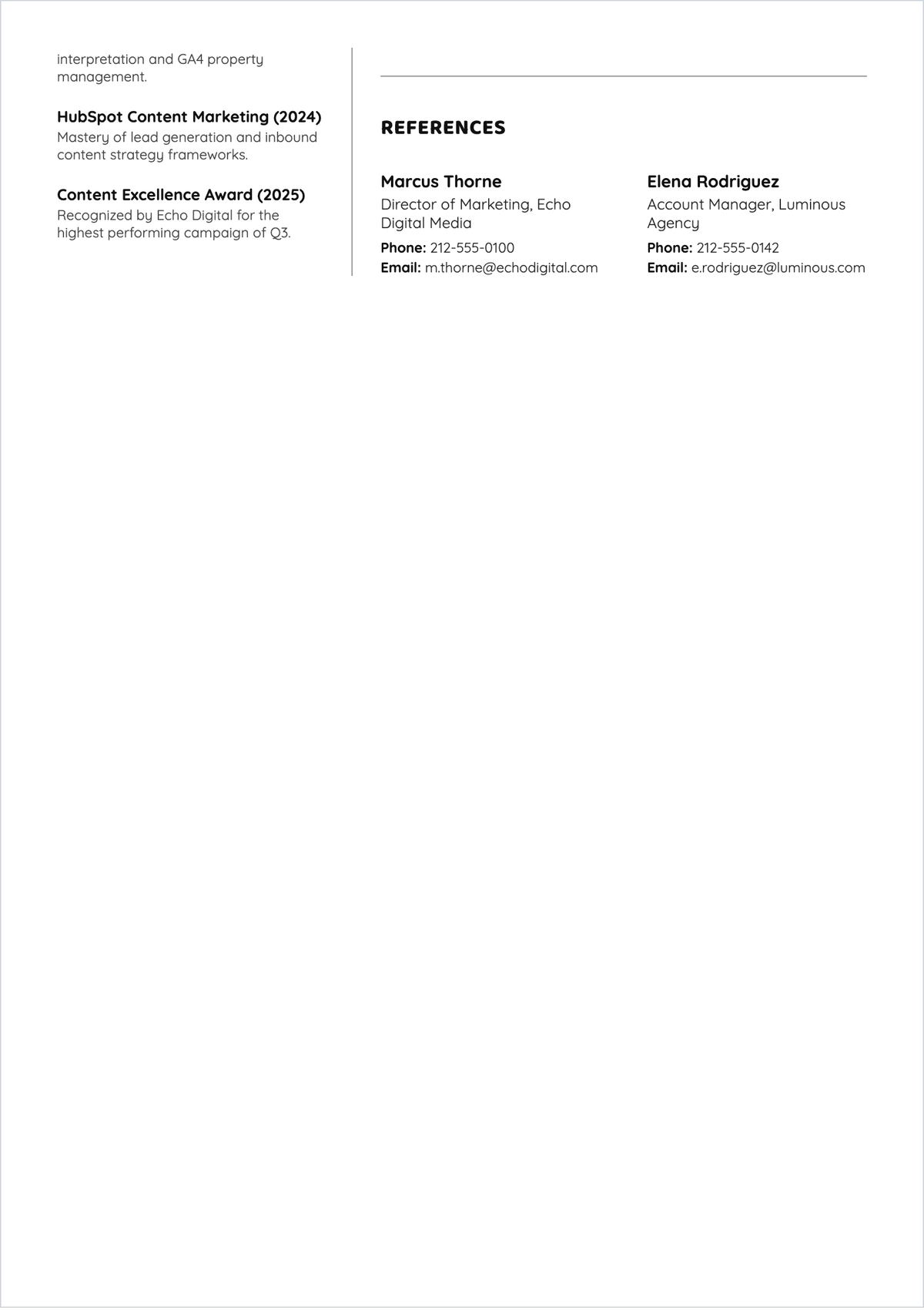 Free Content Marketing Specialist ATS Resume Template