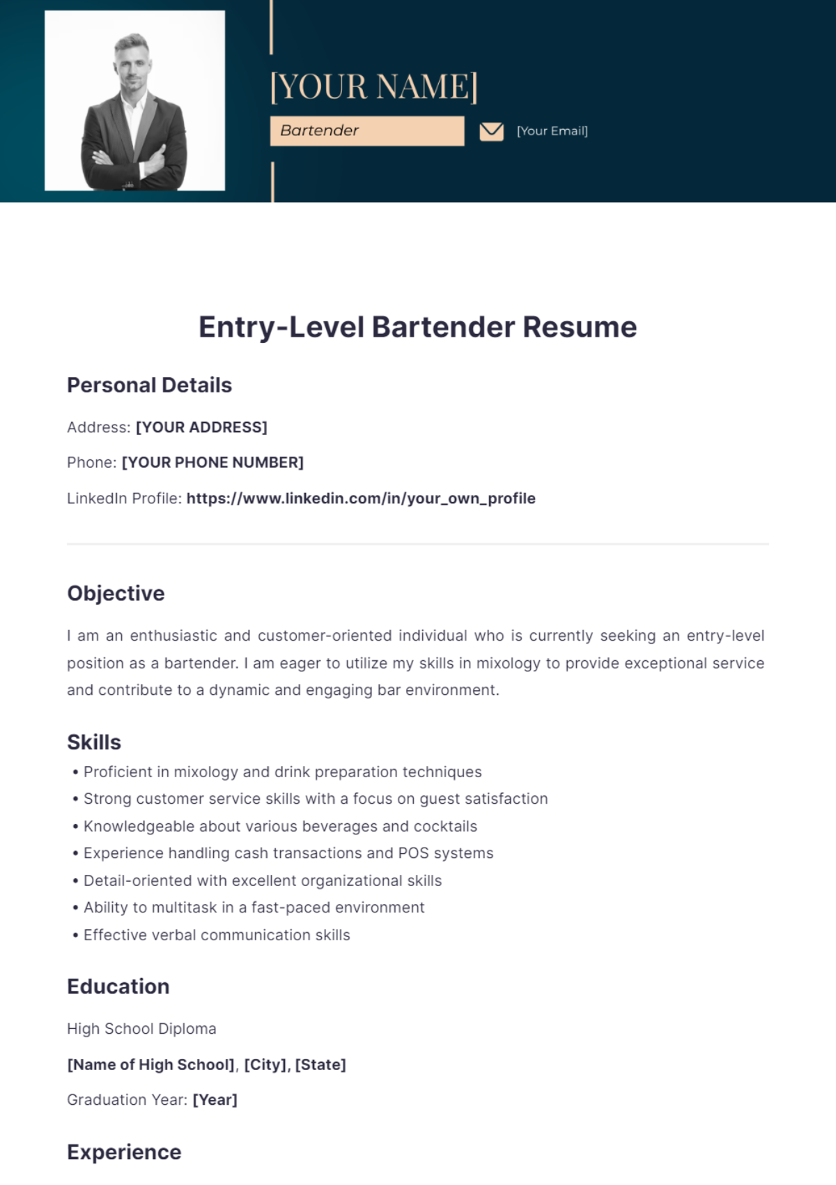 Entry-Level Bartender Resume - Edit Online & Download