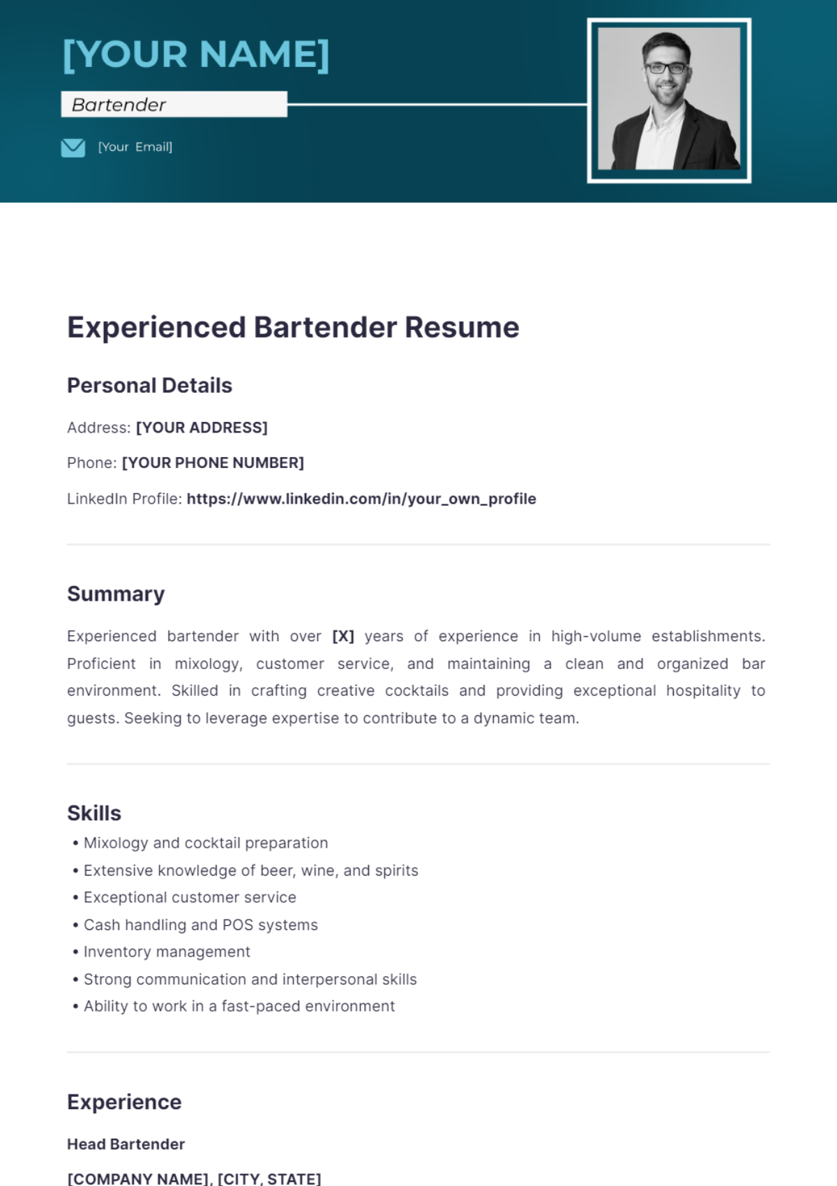 Experienced Bartender Resume - Edit Online & Download