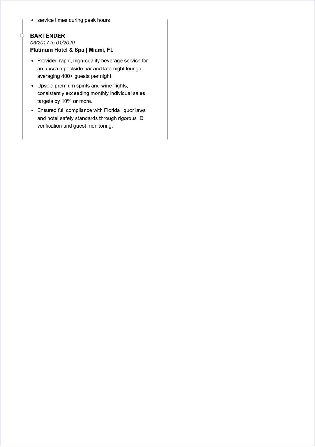 Free Experienced Bartender ATS Resume Template, AI Resume Builder