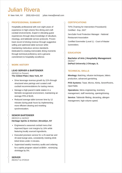 Free Server Bartender ATS Resume Template, AI Resume Builder