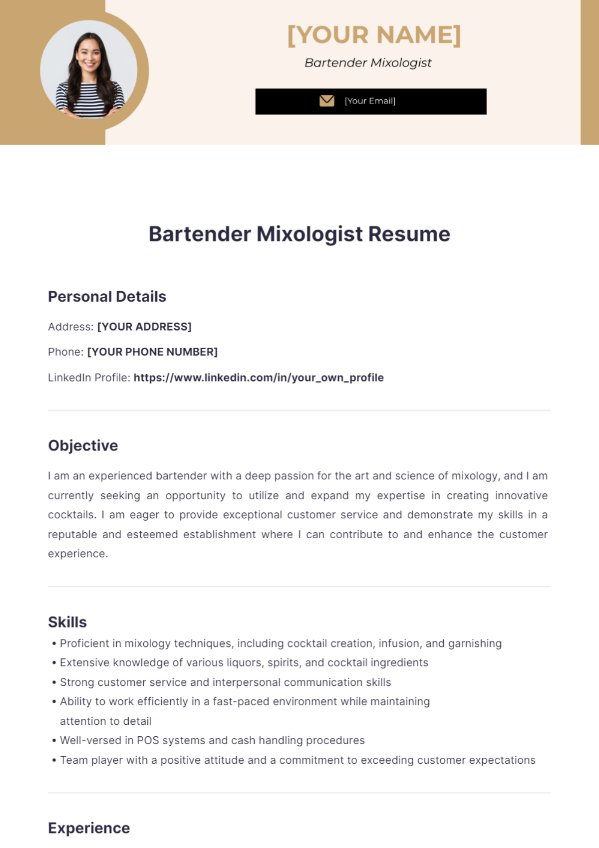 Bartender Mixologist Resume - Edit Online & Download