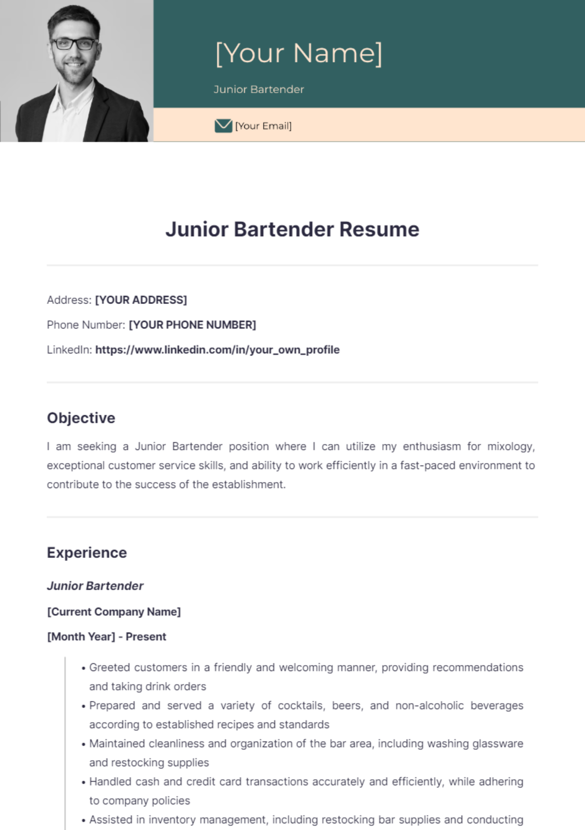 Junior Bartender Resume - Edit Online & Download