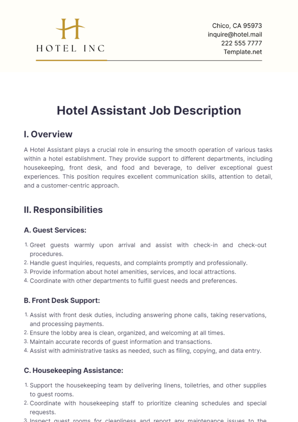 Hotel Assistant Job Description Template - Edit Online & Download