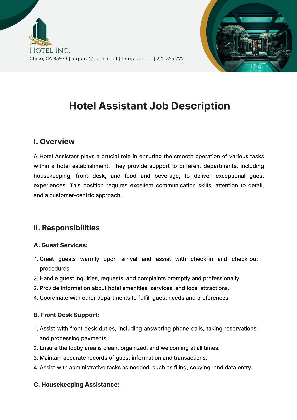 Free Hotel Assistant Job Description Template