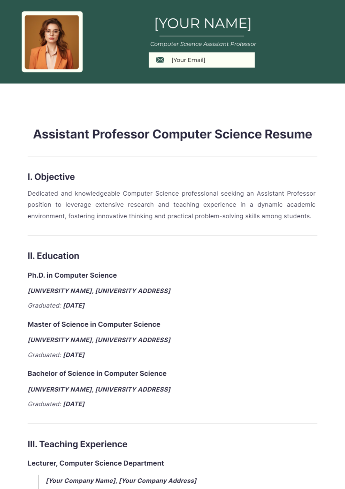 Assistant Professor Computer Science Resume - Edit Online & Download