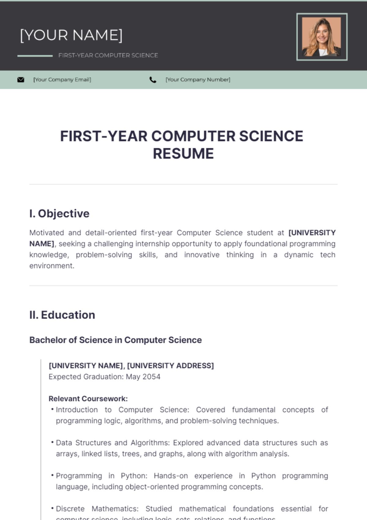 First Year Computer Science Resume - Edit Online & Download Example ...