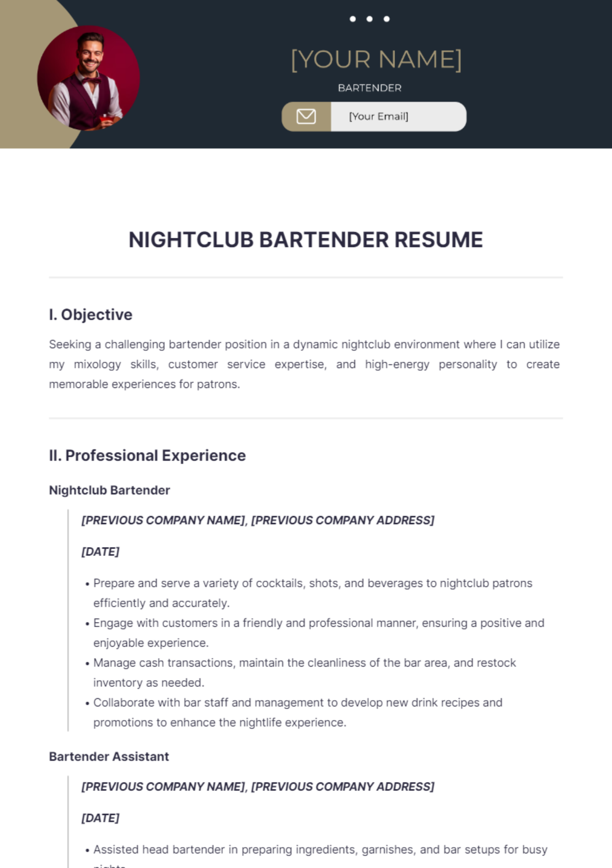 Nightclub Bartender Resume - Edit Online & Download