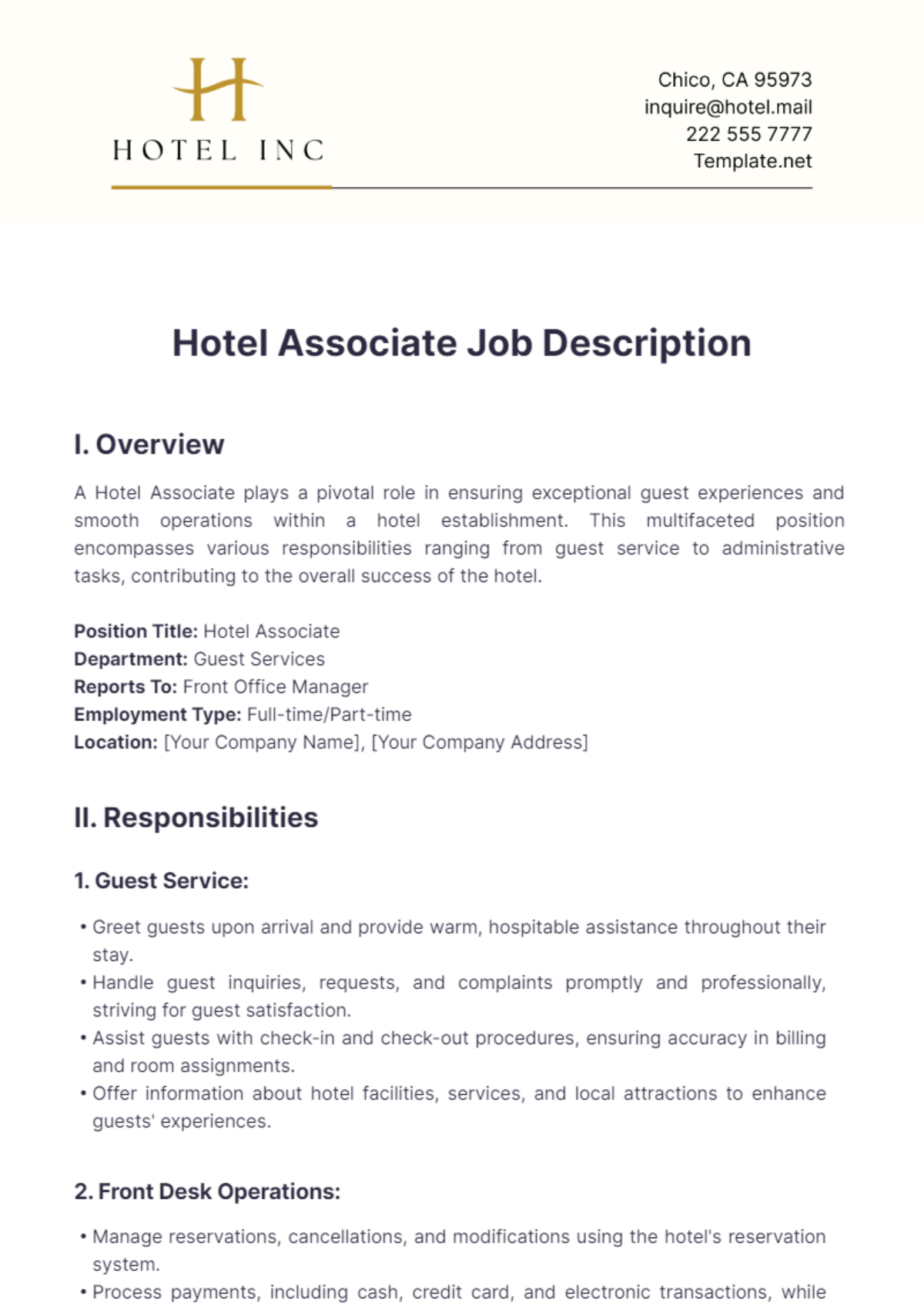 Hotel Associate Job Description Template - Edit Online & Download