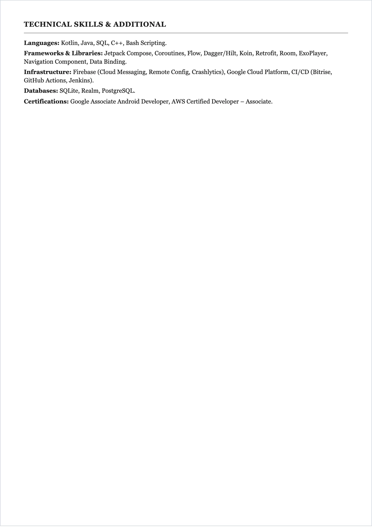 Free Computer Science Android Developer ATS Resume Template