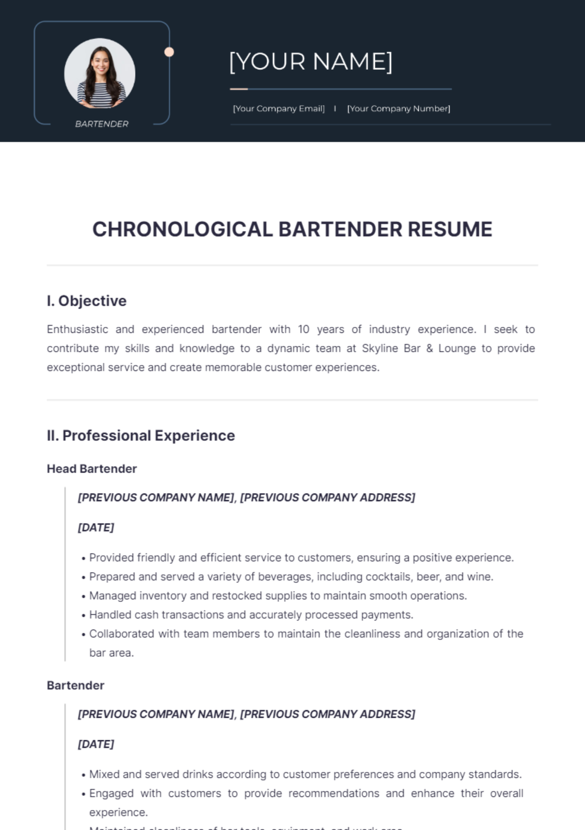 Chronological Bartender Resume - Edit Online & Download