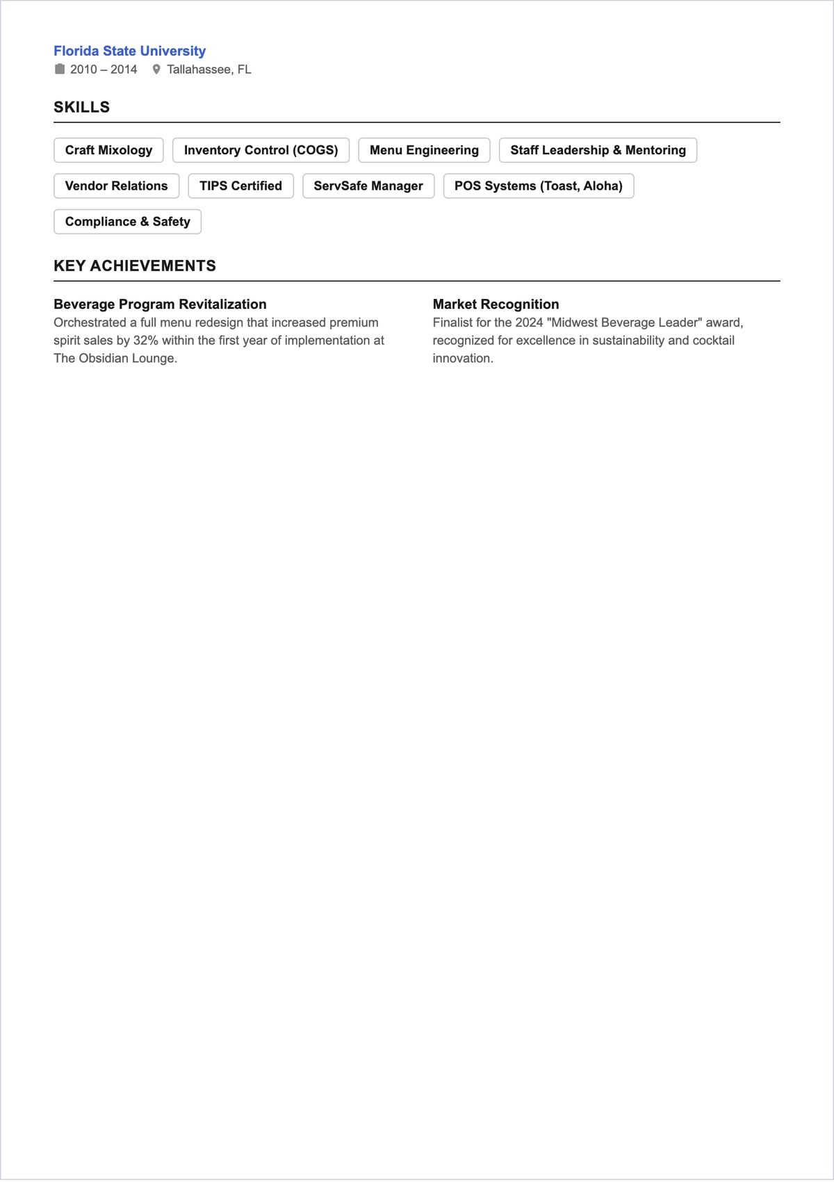Free Chronological Bartender ATS Resume Template, AI Resume Builder