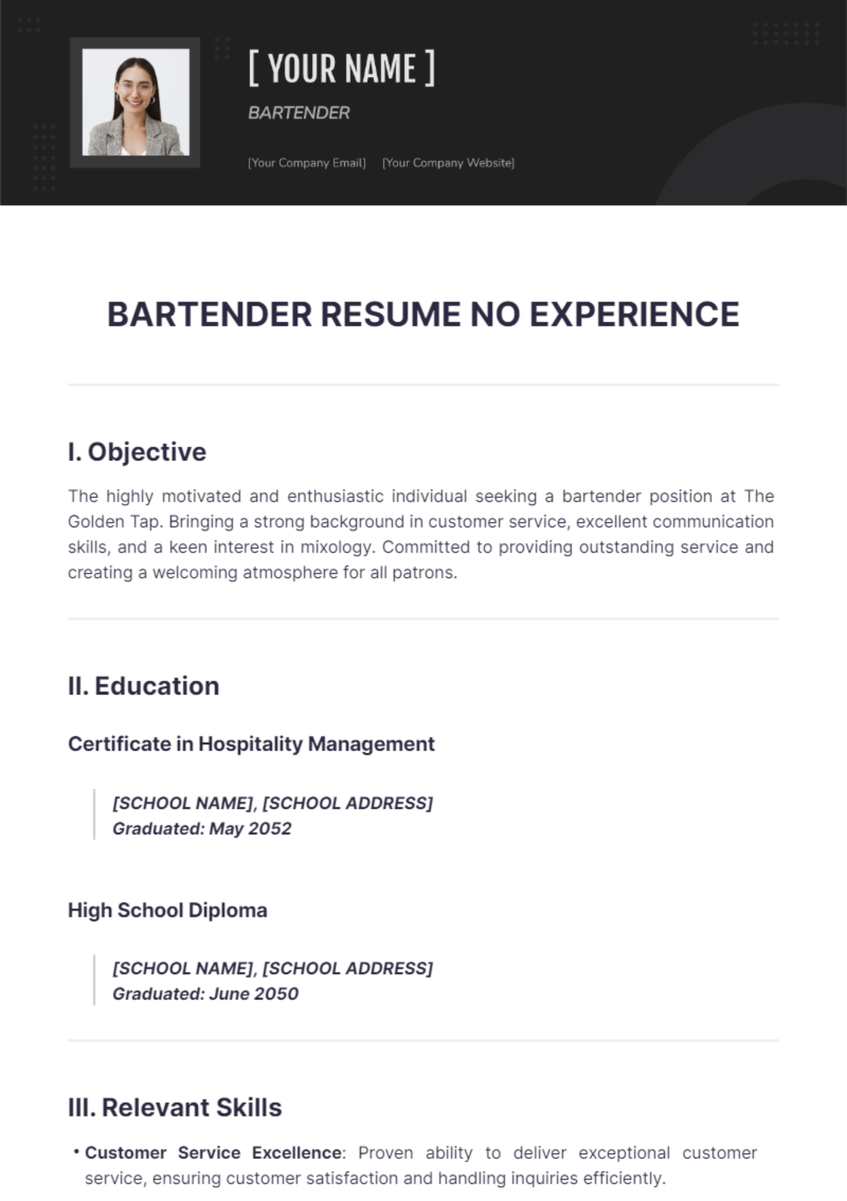 Bartender Resume No Experience - Edit Online & Download