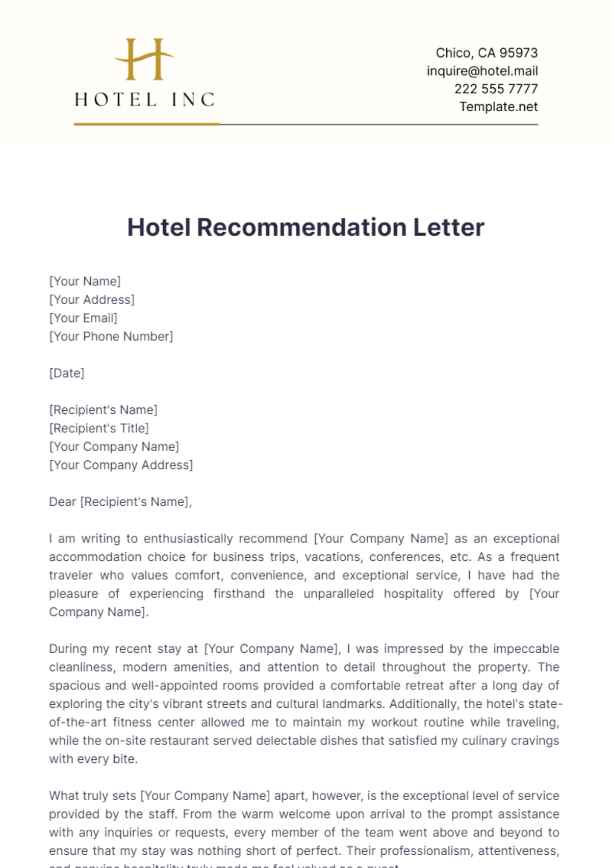 Hotel Recommendation Letter Template - Edit Online & Download