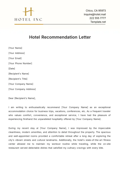 Free Hotel Recommendation Letter Template to Edit Online