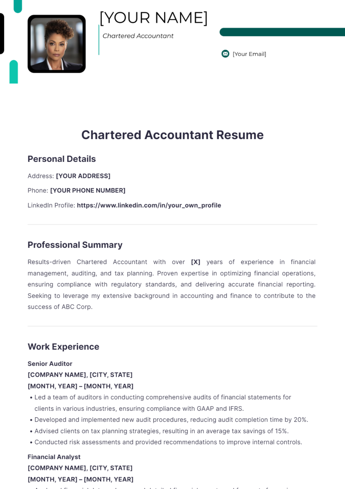 Chartered Accountant Resume - Edit Online & Download