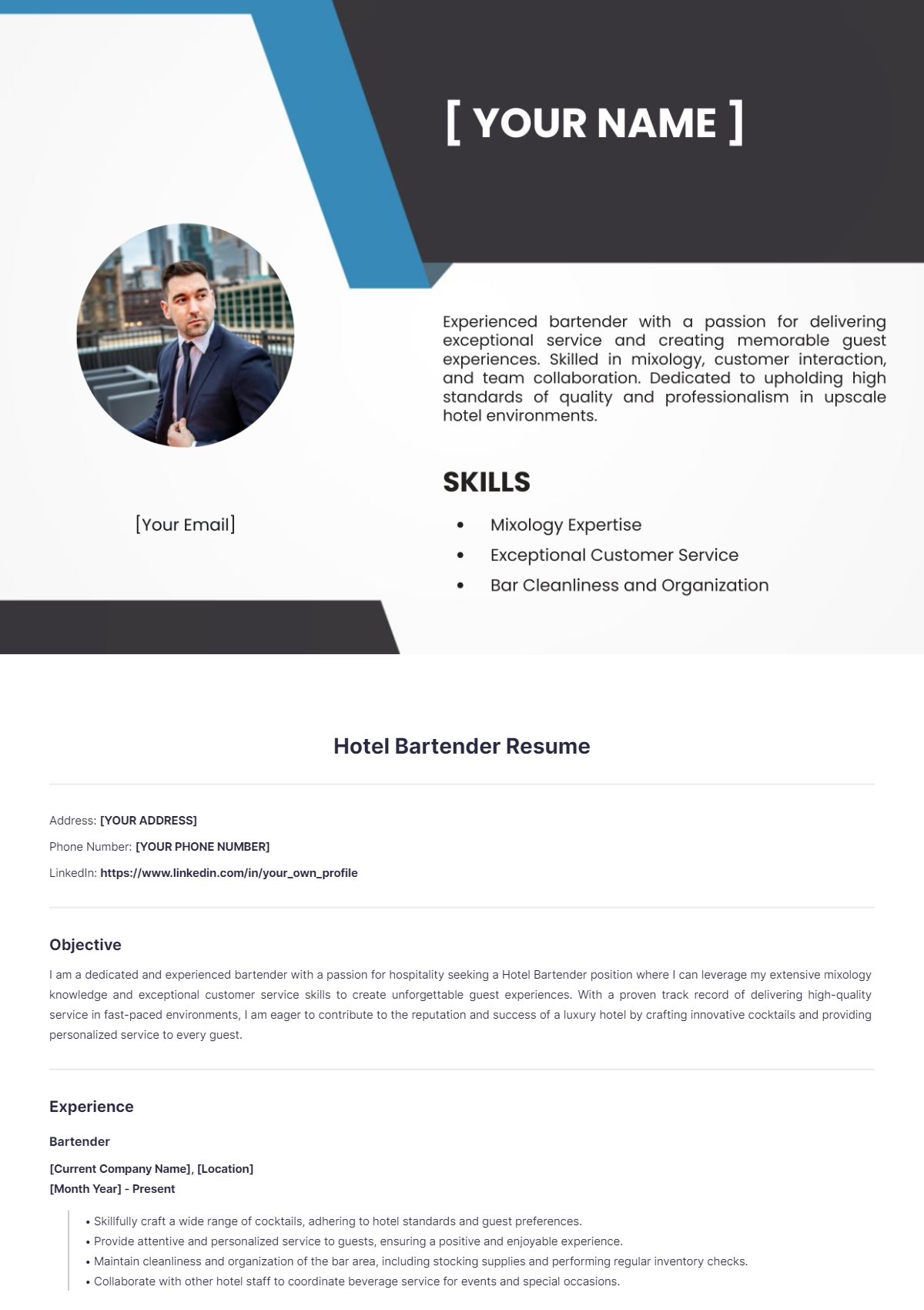 Hotel Bartender Resume - Edit Online & Download