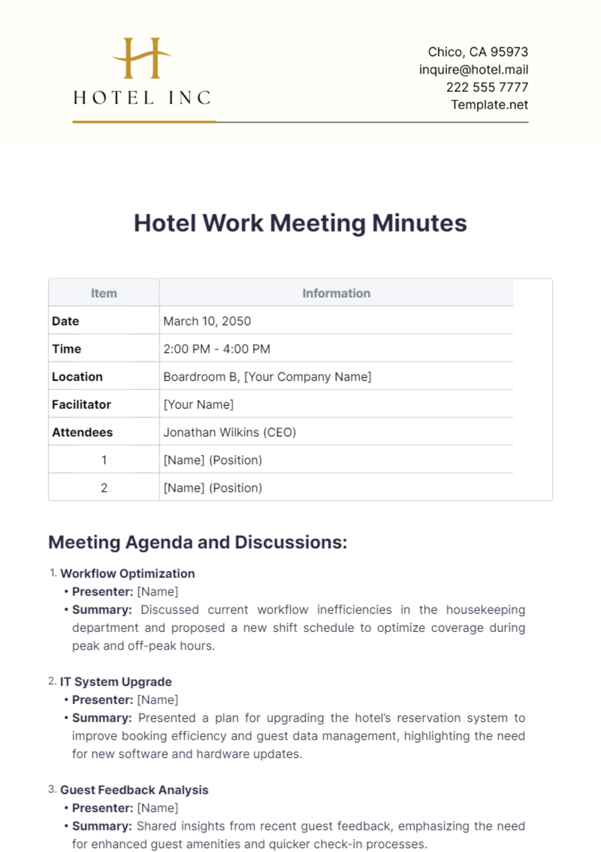 Hotel Work Meeting Minutes Template - Edit Online & Download