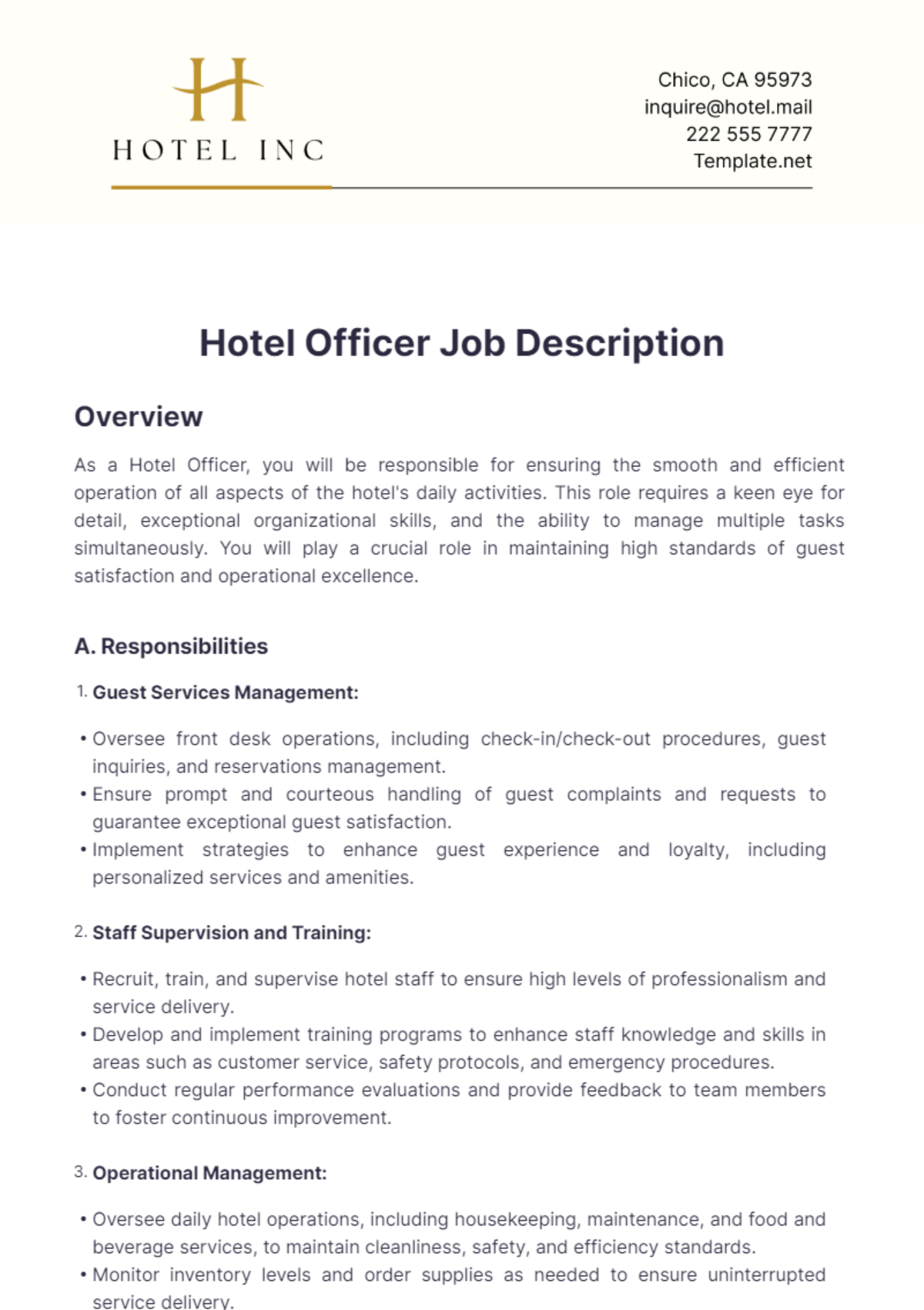 Hotel Officer Job Description Template - Edit Online & Download