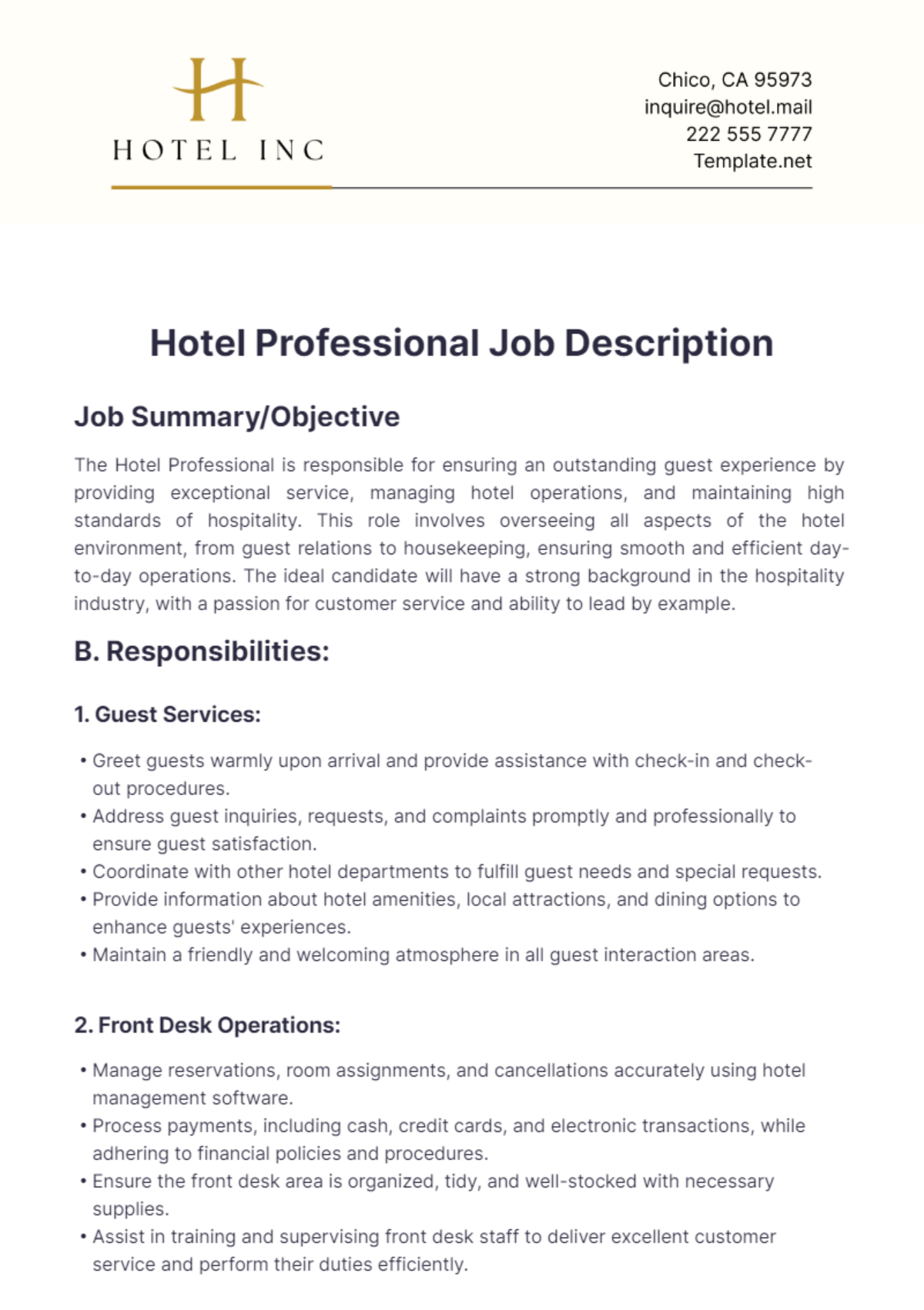 Hotel Professional Job Description Template - Edit Online & Download