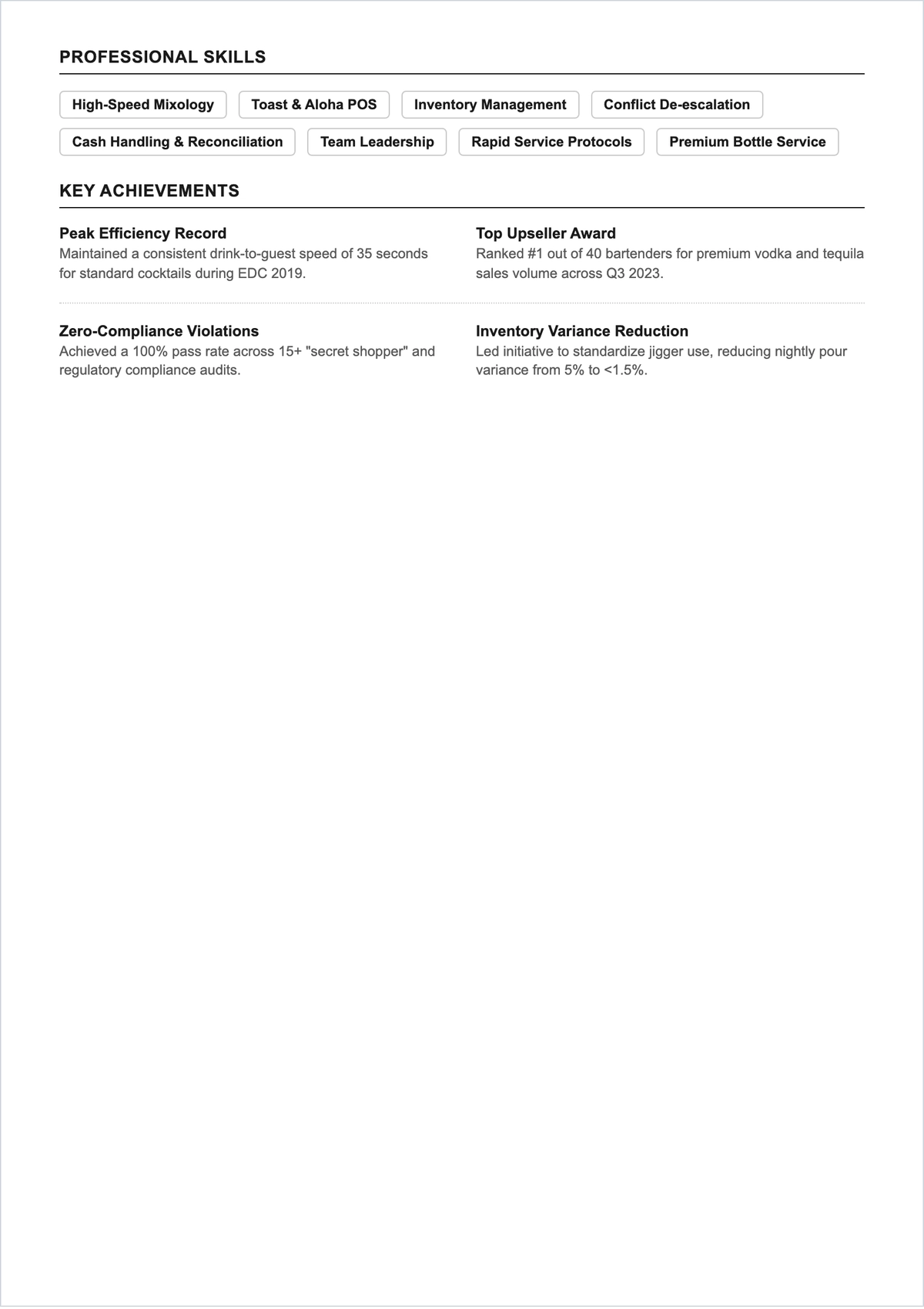 Free High Volume Bartender ATS Resume Template, AI Resume Builder