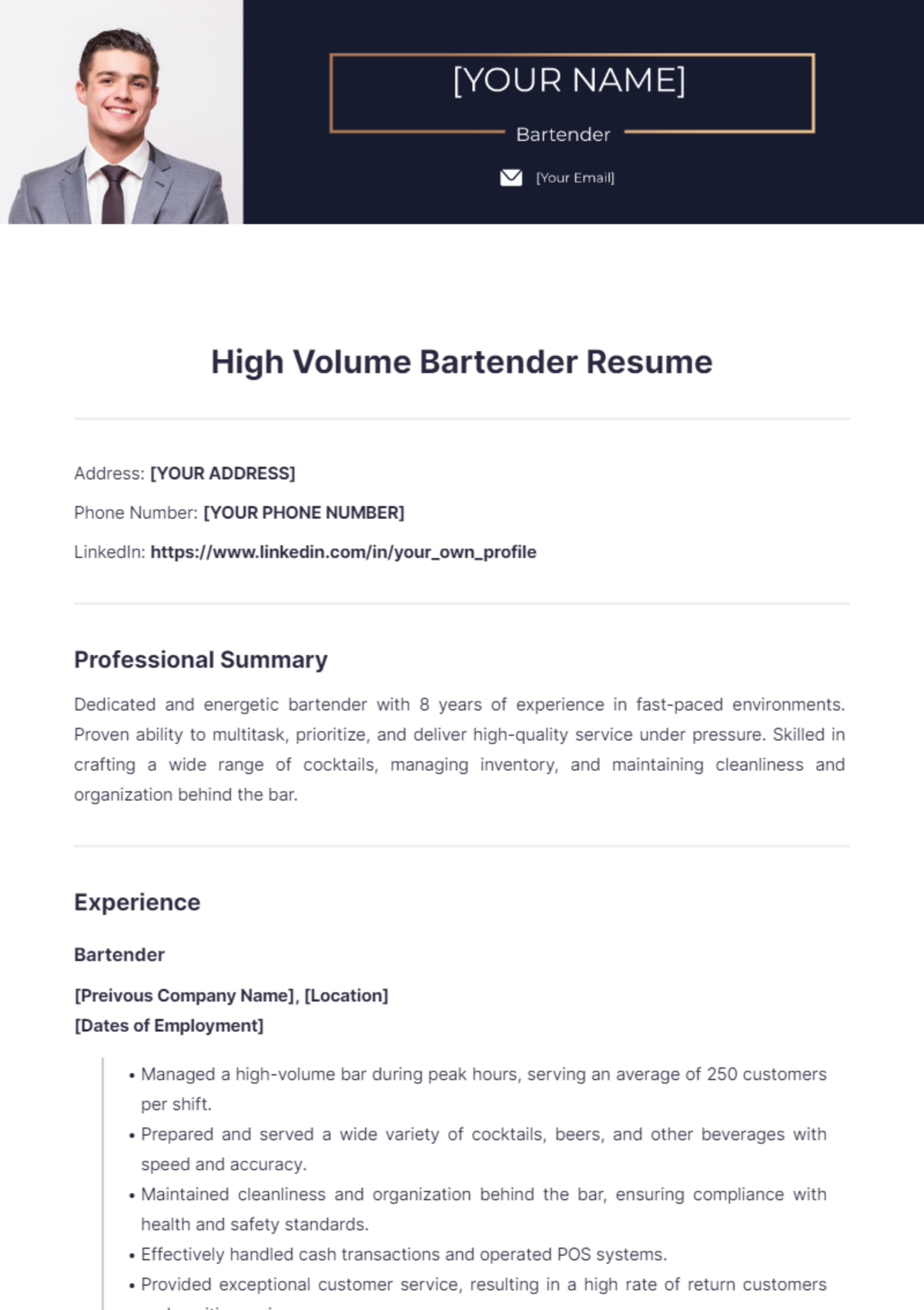 High Volume Bartender Resume - Edit Online & Download