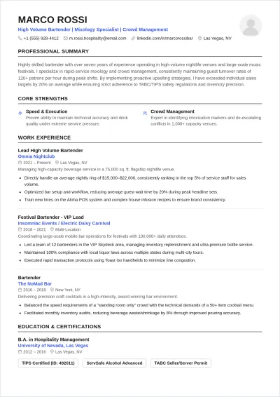 Free High Volume Bartender ATS Resume Template, AI Resume Builder