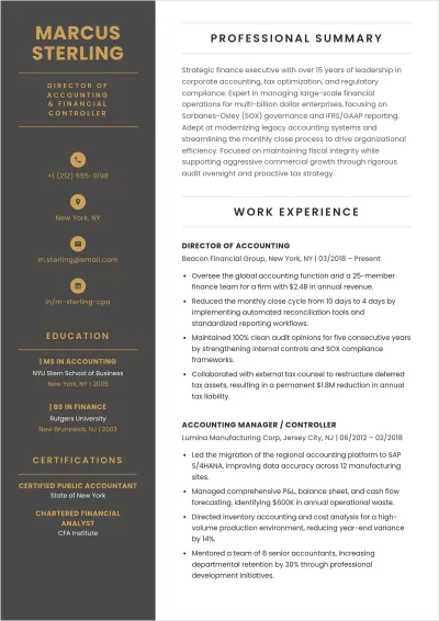 Free Director Of Accounting ATS Resume Template, AI Resume Builder