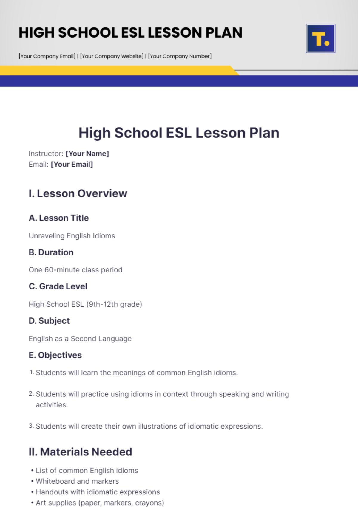 Free High School ESL Lesson Plan Template - Edit Online & Download ...