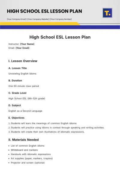 Free High School ESL Lesson Plan Template to Edit Online
