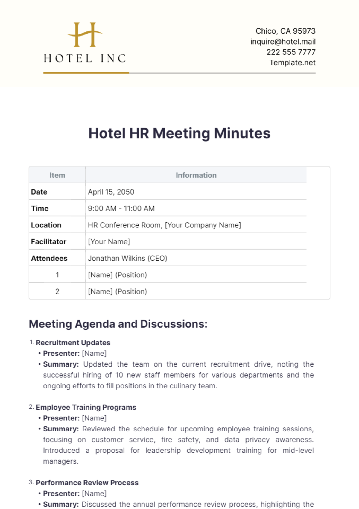 Hotel HR Meeting Minutes Template - Edit Online & Download