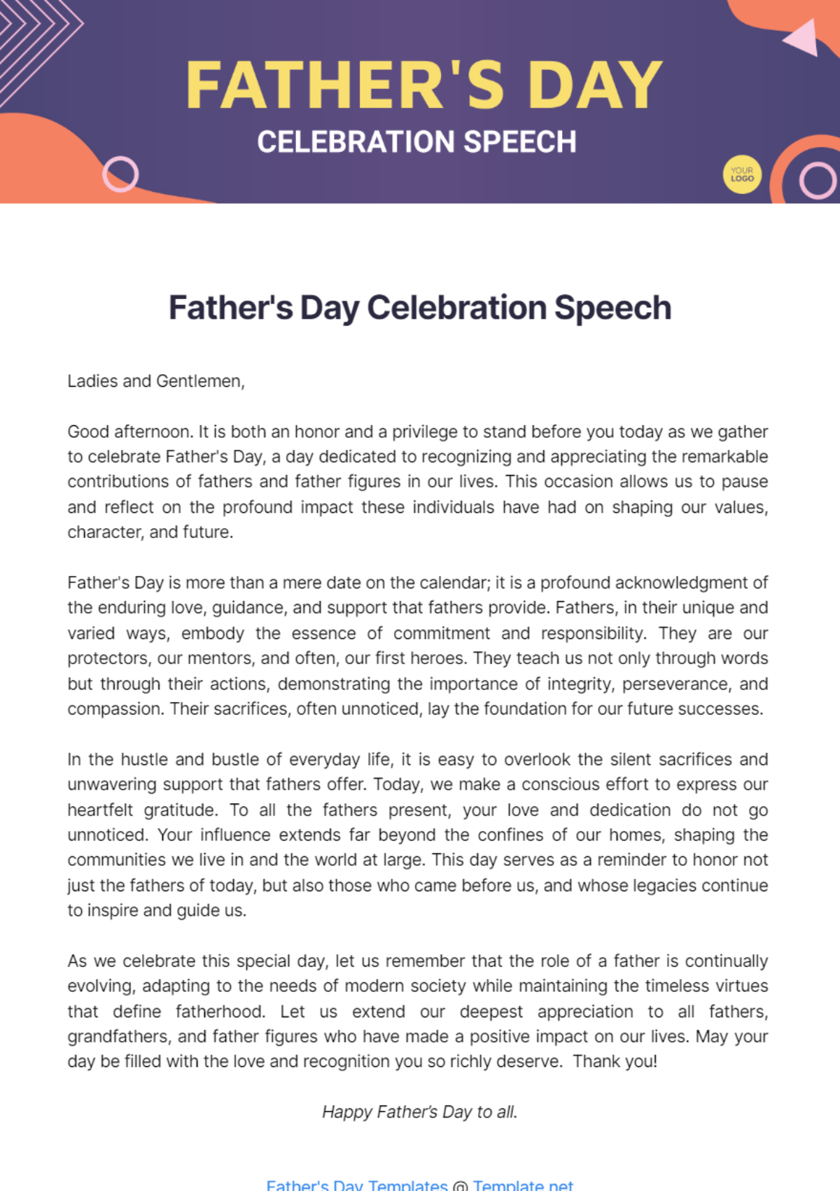 Father's Day Celebration Speech - Edit Online & Download