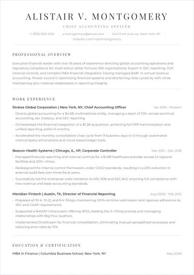Free Chief Accounting Officer ATS Resume Template, AI Resume Builder