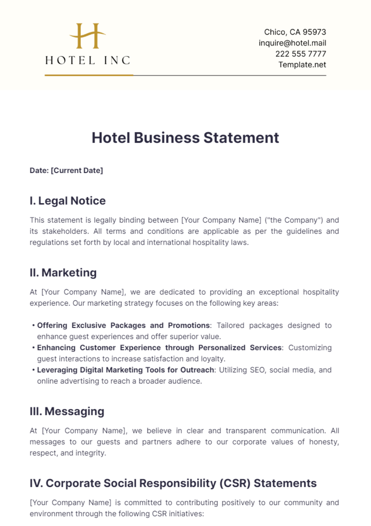 Hotel Business Statement Template - Edit Online & Download