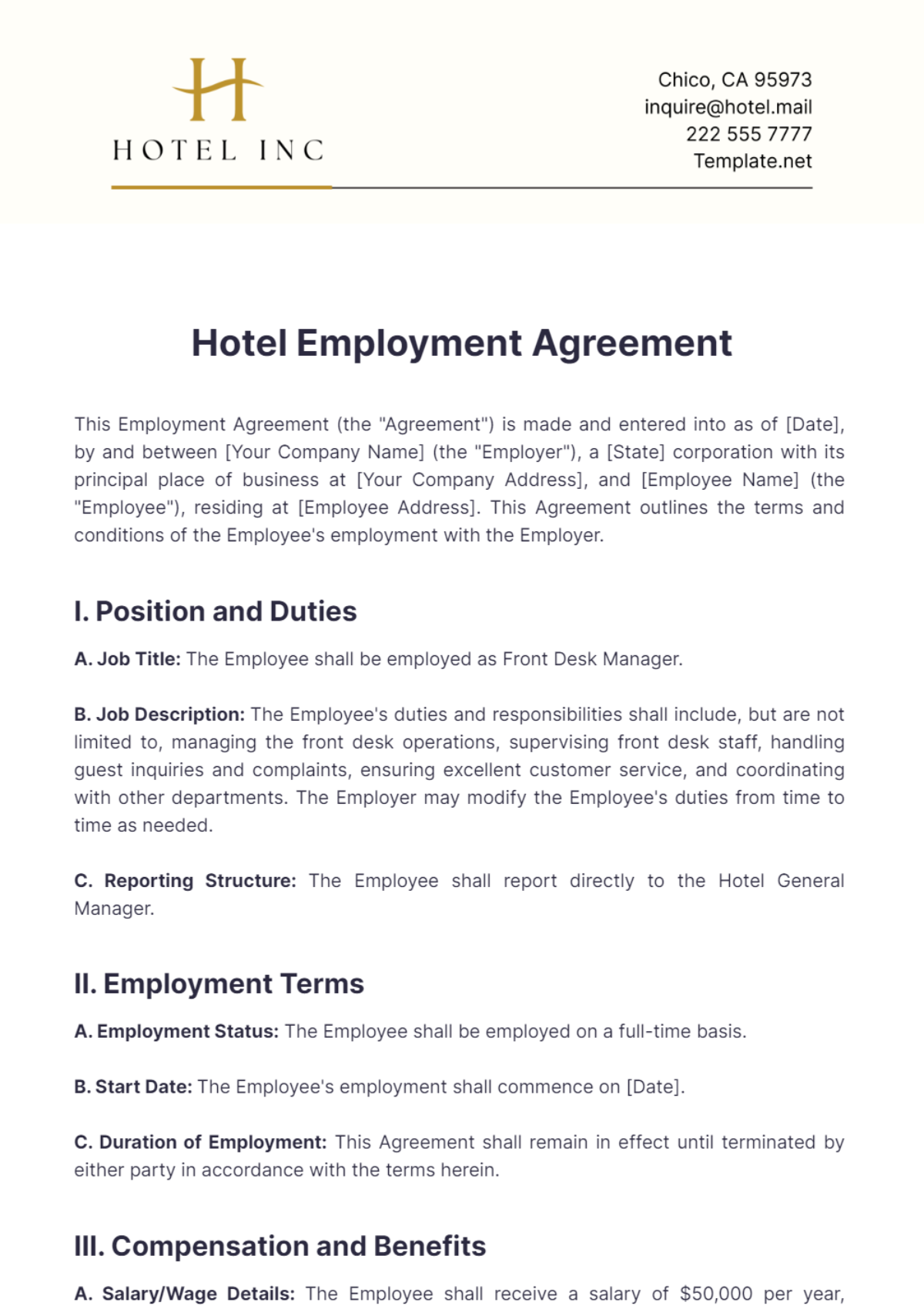 Hotel Employment Agreement Template - Edit Online & Download