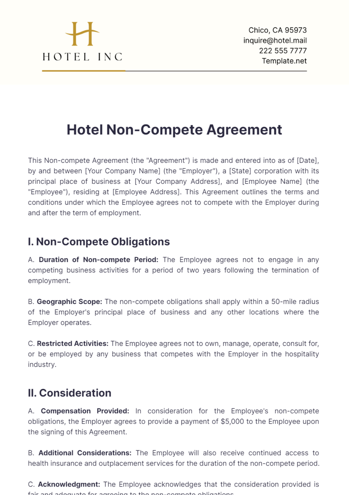 Hotel Non-compete Agreement Template - Edit Online & Download