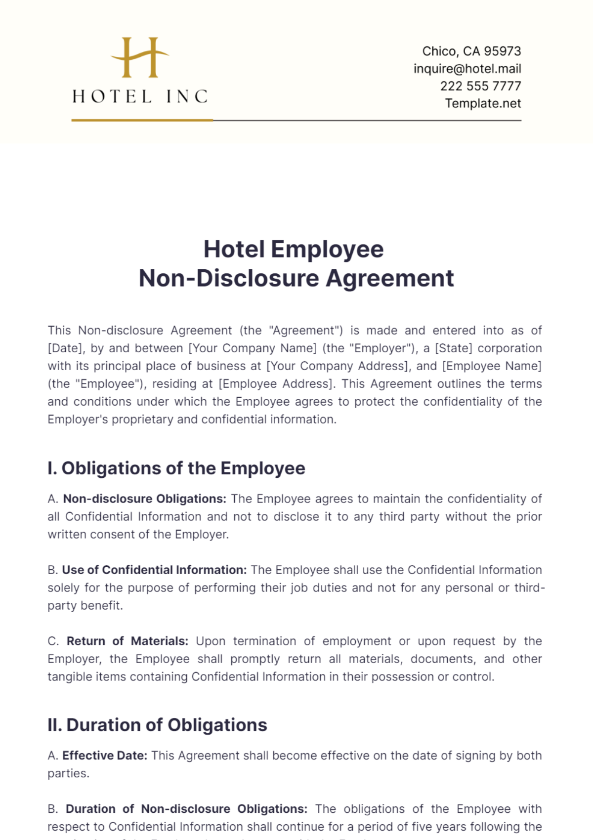 Hotel Employee Non-disclosure Agreement Template - Edit Online & Download