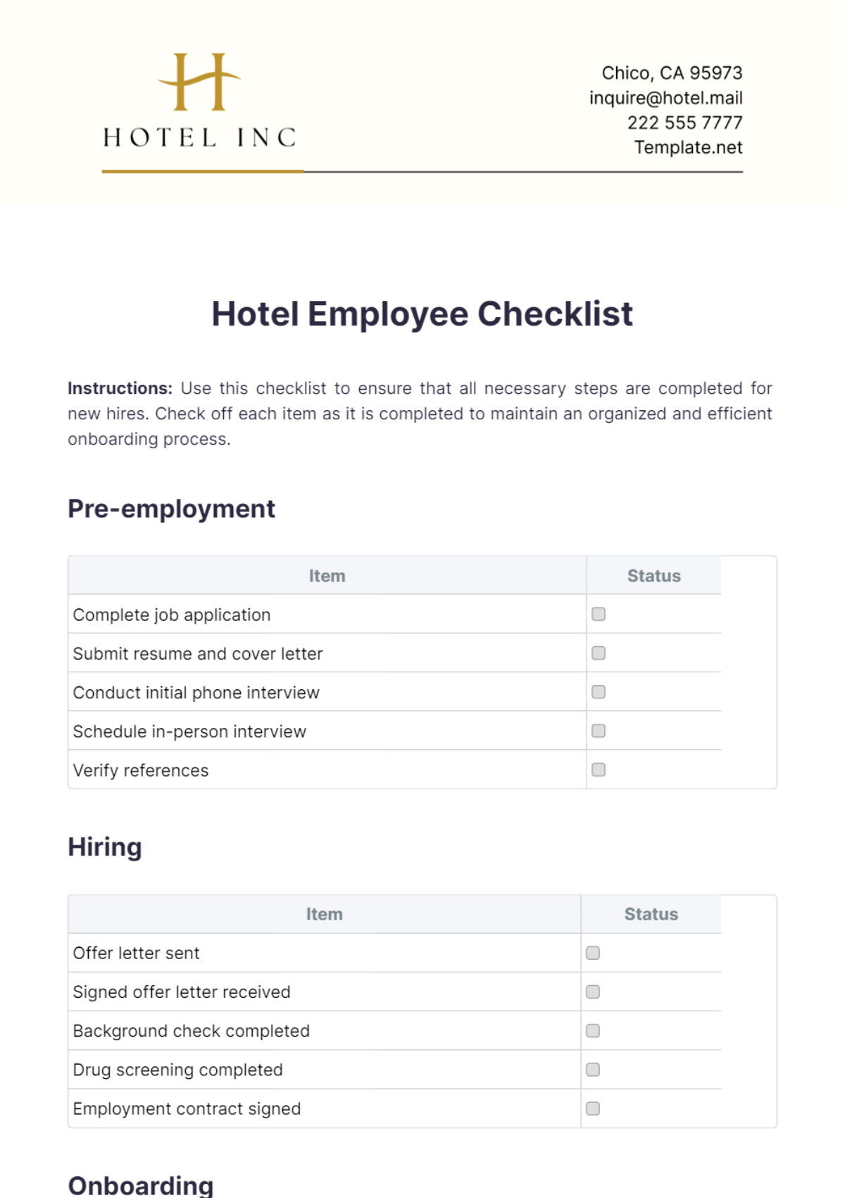 Free Hotel Employee Checklist Template